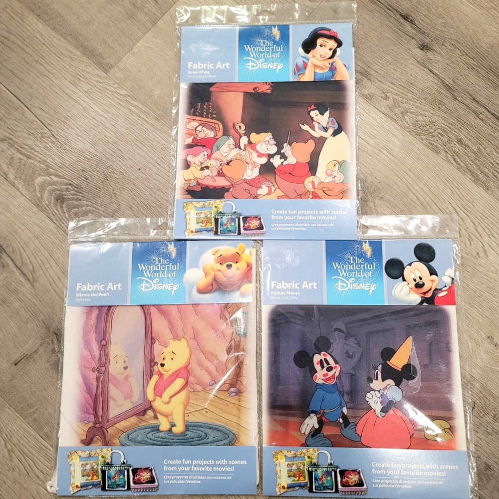 Disney fabric art 8.5" squares. 3 designs. Snowwhite, mickey and Winnie the pooh